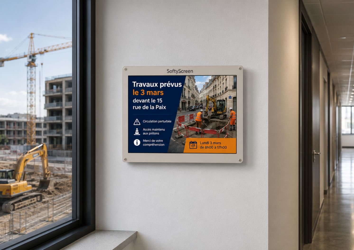 SoftyScreen displaying construction site information in a building lobby